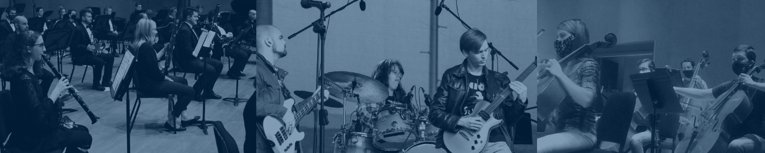 Horne Logo A composite image, tinted blue, shows three separate groups of musicians. On the left, an orchestra is seated in rows, holding various instruments. In the center, a rock band plays with a guitarist, drummer, and bassist visible. On the right, students play string instruments in a practice setting.