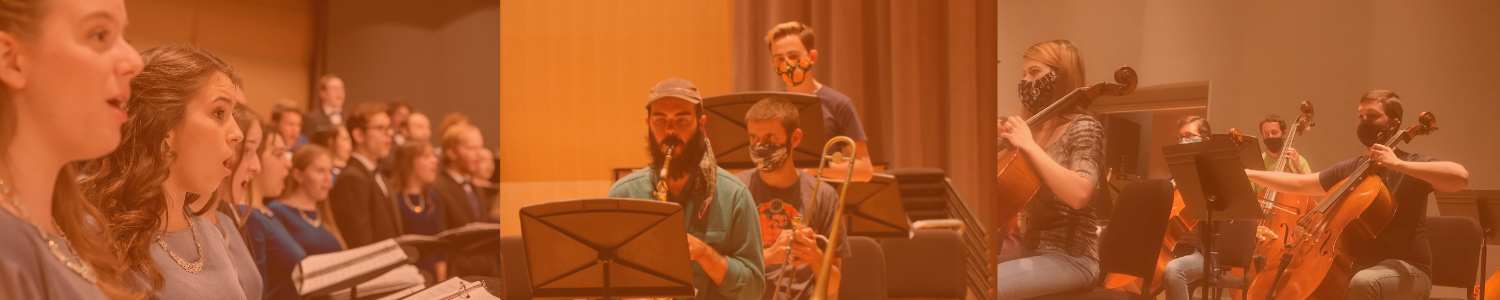 Bachelor Logo Banner Logo A composite image, tinted orange, shows three different musical groups. On the left, a choir is visible, with several people singing, their faces turned toward the camera. In the center, a jazz ensemble is shown, featuring a man playing the saxophone and another playing the trombone. On the right, students are playing string instruments, including a cello. Some of the musicians are wearing masks.