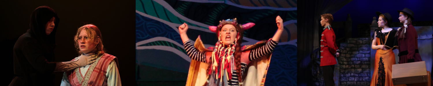 Three theatrical scenes: two actors in a dramatic pose with one in a black robe and the other in a patterned costume; an actress in a colorful costume with horns and a cape, arms raised in excitement; and three actors in period costumes on a stage with a brick backdrop.