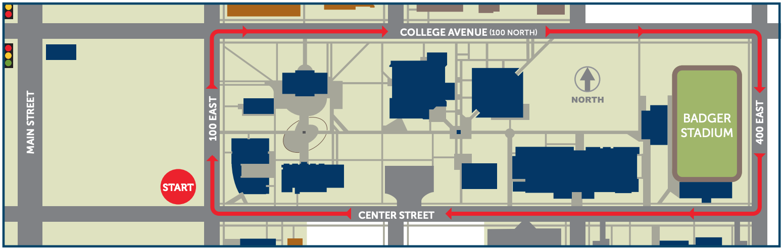 Map of the Homecoming Parade Route: Starts on 100 East going north, turns right on College Avenue (100 North), turns right on 400 East, and ends on Center Street.