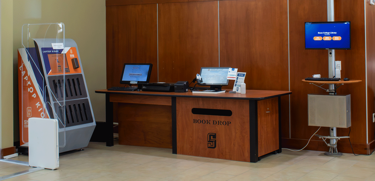 Laptop kiosk at the library entrance